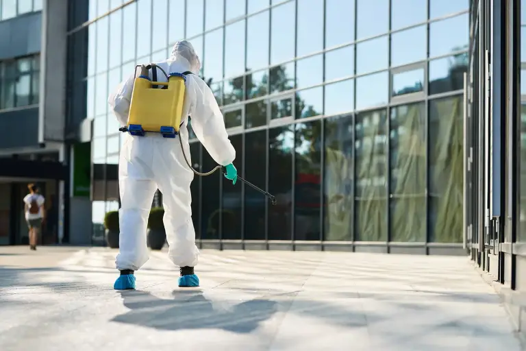 Disinfecting in a city setting during the day
