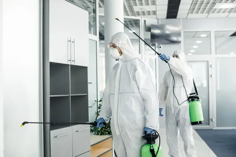 Team wearing hazmat suits disinfecting office building