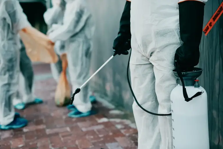 Workers in protective gear spraying disinfectant