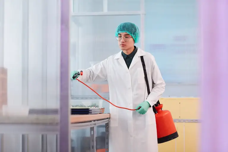 Young adult in lab coat using sprayer